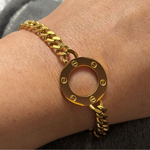 18K Gold-Plated Stainless Steel Link Chain Screw Circle Bracelet - Picture 2 of 5